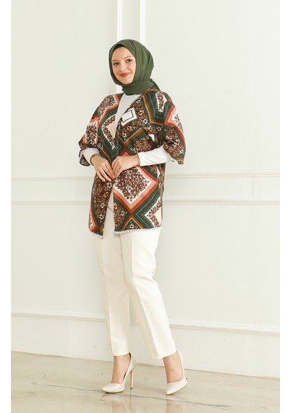 Desenli Viskon Kimono 83006D-01 Haki Kahverengi