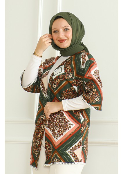 Desenli Viskon Kimono 83006D-01 Haki Kahverengi