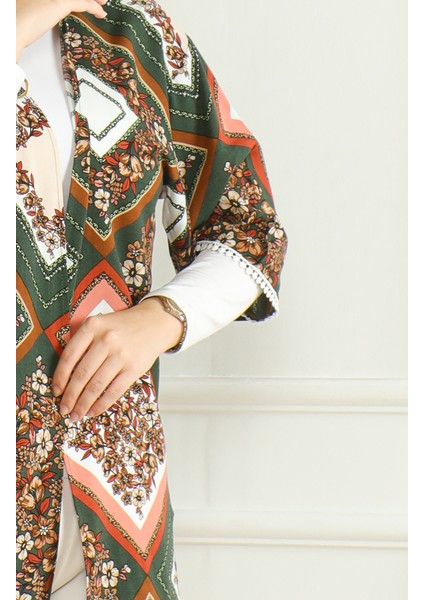 Desenli Viskon Kimono 83006D-01 Haki Kahverengi