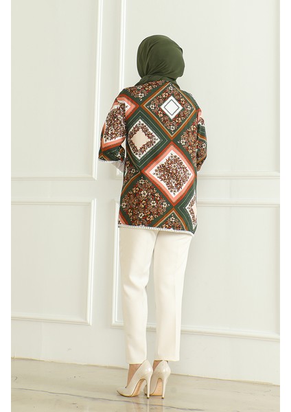 Desenli Viskon Kimono 83006D-01 Haki Kahverengi