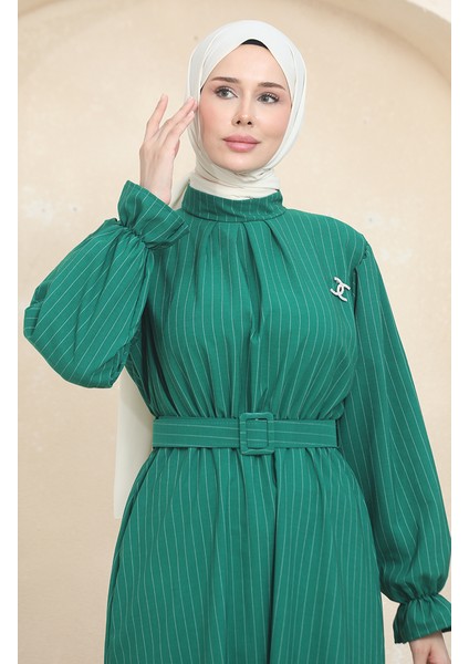Çizgili Kemerli Elbise 0434-04 Yeşil