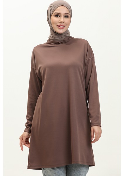 Kapüşonlu Mevsimlik Düz Tunik 8661-01 Kahverengi