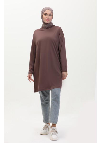 Kapüşonlu Mevsimlik Düz Tunik 8661-01 Kahverengi