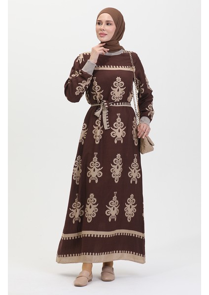 Desenli Kuşaklı Viskon Elbise 0443-03 Kahverengi fiyatları