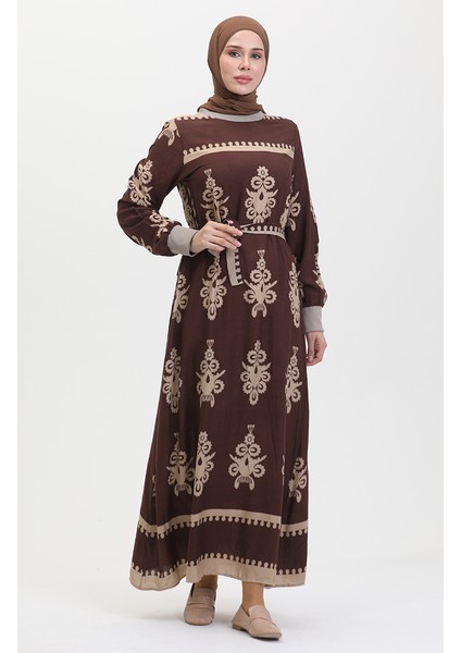 Desenli Kuşaklı Viskon Elbise 0443-03 Kahverengi modelleri