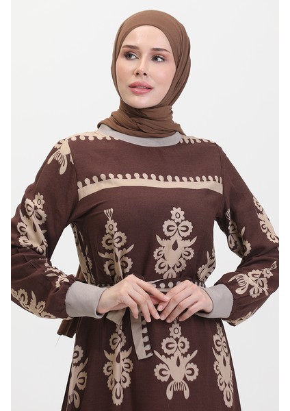 Desenli Kuşaklı Viskon Elbise 0443-03 Kahverengi fırsatları