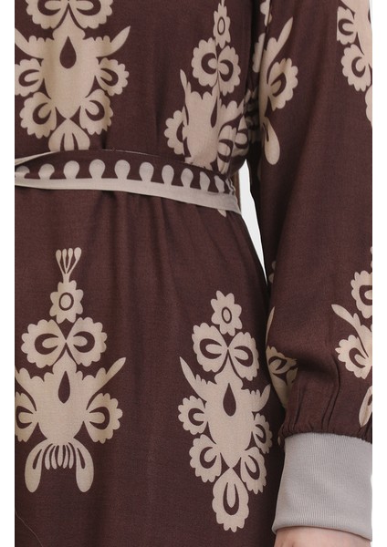 Desenli Kuşaklı Viskon Elbise 0443-03 Kahverengi indirimleri