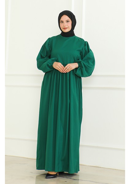 Beli Büzgülü Elbise 0474-05 Zümrüt Yeşili