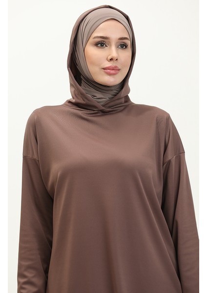 Kapüşonlu Mevsimlik Düz Tunik 8661-01 Kahverengi