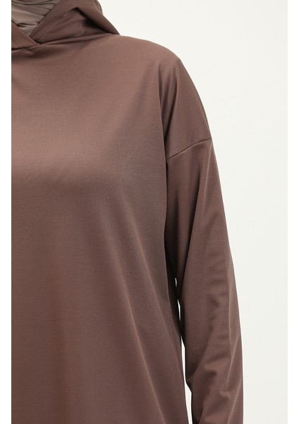 Kapüşonlu Mevsimlik Düz Tunik 8661-01 Kahverengi