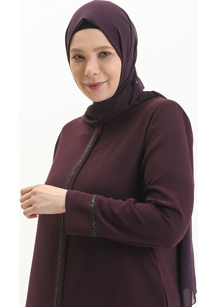 Büyük Beden Taş Baskılı Ferace 5054-02 Mürdüm