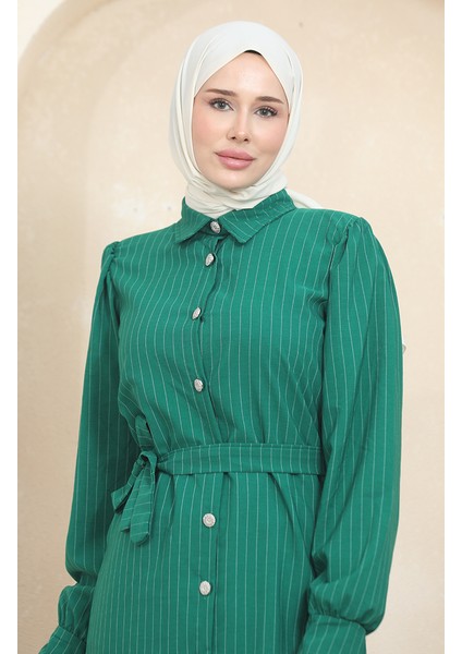 Düğmeli Çizgili Takım 0435-02 Yeşil
