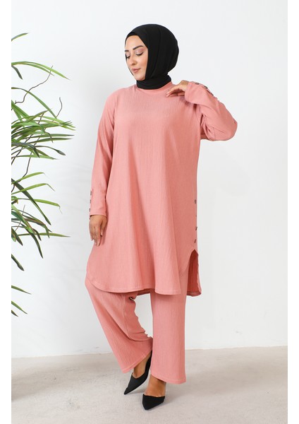 Büyük Beden Taşlı Tunik Pantolon Ikili Takım 2658-11 Yavruağzı