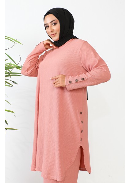 Büyük Beden Taşlı Tunik Pantolon Ikili Takım 2658-11 Yavruağzı