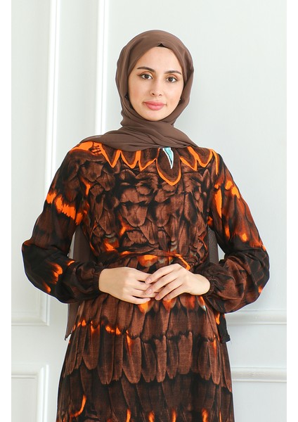 Desenli Kuşaklı Viskon Elbise 0496-02 Kahverengi