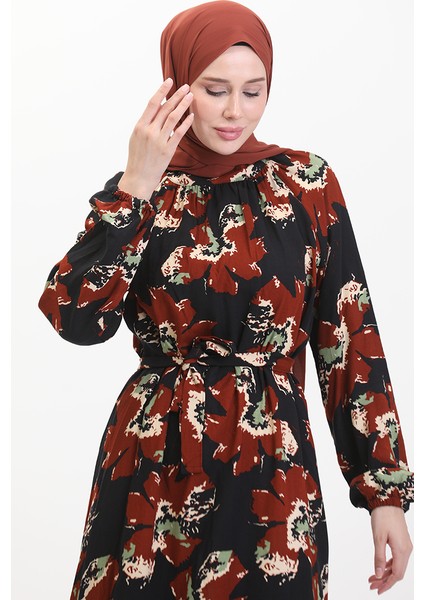 Reglan Kol Desenli Kuşaklı Elbise 0476-01 Kiremit