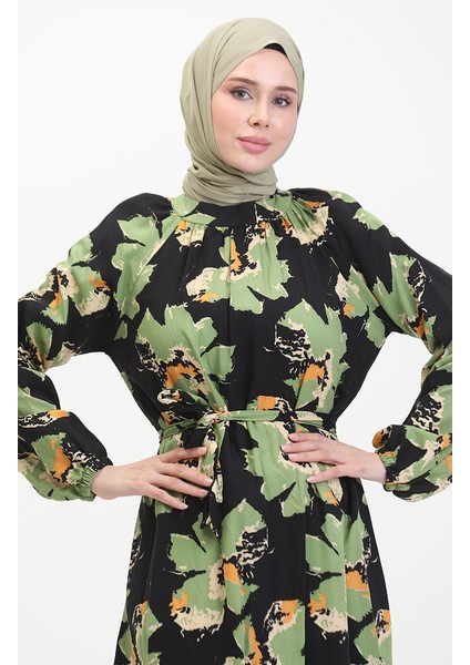 Reglan Kol Desenli Kuşaklı Elbise 0476-02 Yeşil