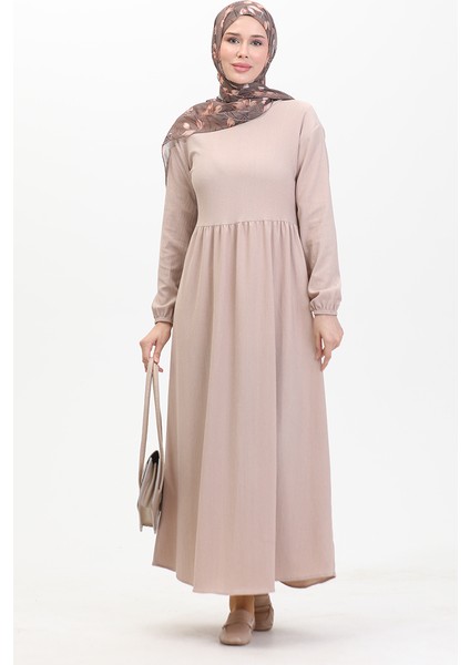 Bürümcük Kumaş Beli Büzgülü Elbise 1016-05 Vizon