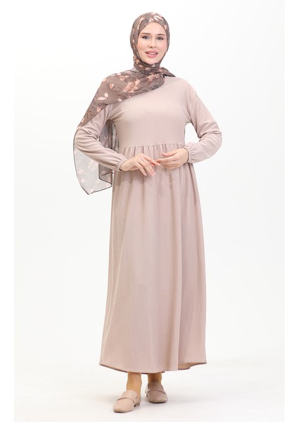 Bürümcük Kumaş Beli Büzgülü Elbise 1016-05 Vizon fiyatları