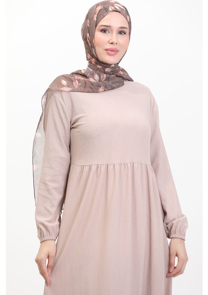 Bürümcük Kumaş Beli Büzgülü Elbise 1016-05 Vizon modelleri