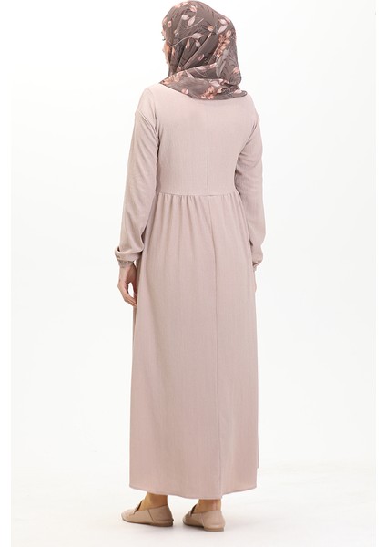 Bürümcük Kumaş Beli Büzgülü Elbise 1016-05 Vizon indirimleri