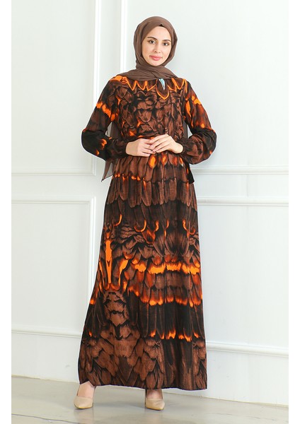 Desenli Kuşaklı Viskon Elbise 0496-02 Kahverengi