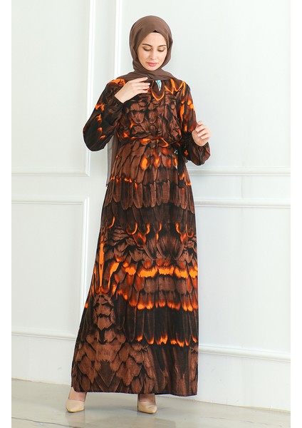 Desenli Kuşaklı Viskon Elbise 0496-02 Kahverengi fiyatları