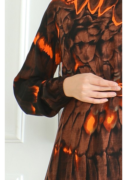 Desenli Kuşaklı Viskon Elbise 0496-02 Kahverengi fırsatları