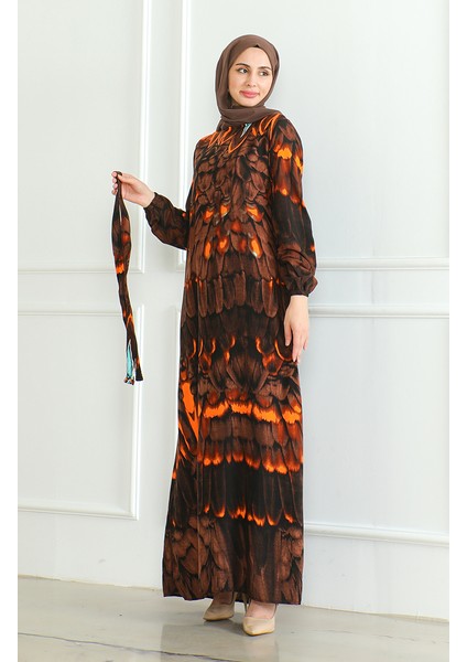 Desenli Kuşaklı Viskon Elbise 0496-02 Kahverengi indirimleri