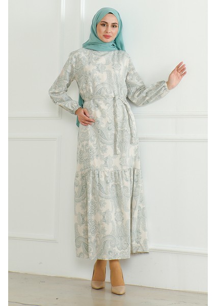 Desenli Kuşaklı Keten Elbise 0471C-05 Çağla Yeşili fiyatları