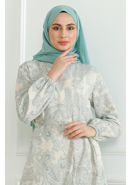 Desenli Kuşaklı Keten Elbise 0471C-05 Çağla Yeşili modelleri