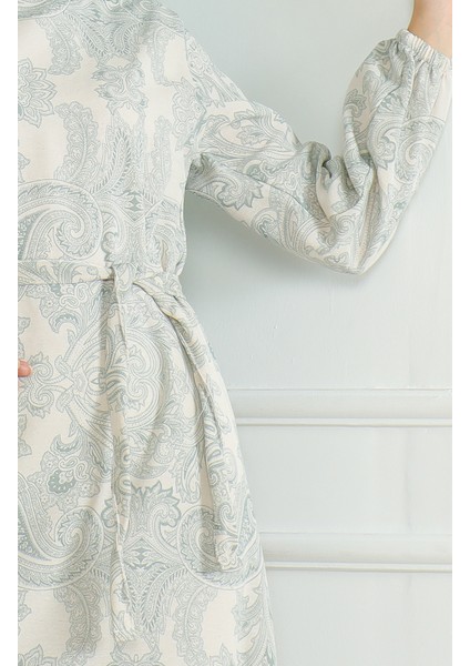 Desenli Kuşaklı Keten Elbise 0471C-05 Çağla Yeşili fırsatları