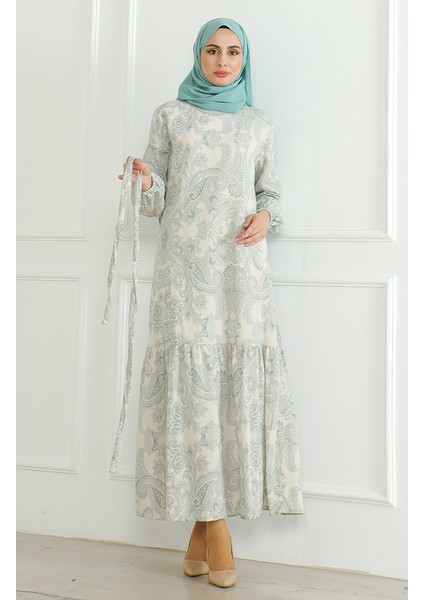 Desenli Kuşaklı Keten Elbise 0471C-05 Çağla Yeşili indirimleri