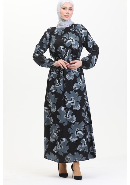 Reglan Kol Desenli Kuşaklı Elbise 0476-05 Antrasit