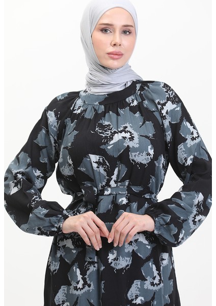 Reglan Kol Desenli Kuşaklı Elbise 0476-05 Antrasit