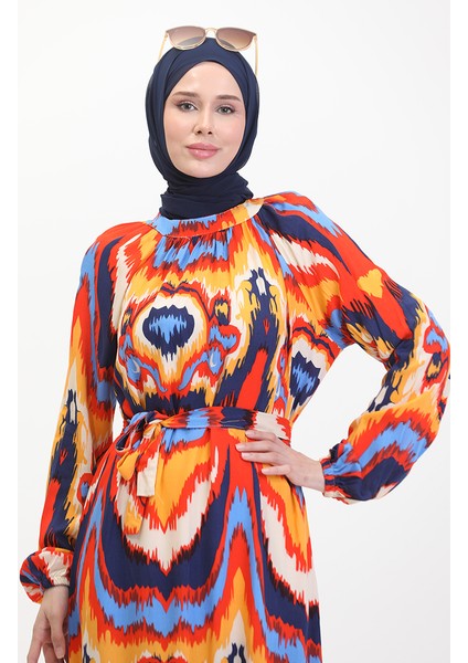 Desenli Kuşaklı Viskon Elbise 0501-02 Lacivert Mercan