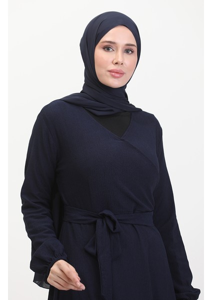 Bürümcük Kumaş Yandan Bağlamalı Elbise 1033-03 Lacivert modelleri