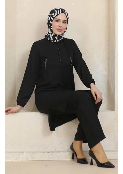 Düğme Detaylı Tunik Pantolon Ikili Takım 1004-06 Siyah