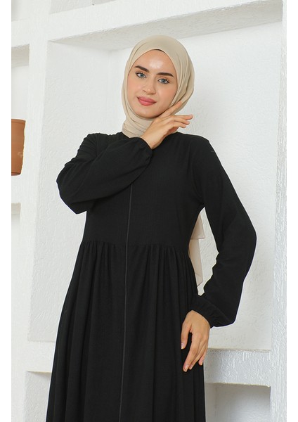 Bürümcük Kumaş Büzgülü Fermuarlı Ferace 1018-03 Siyah