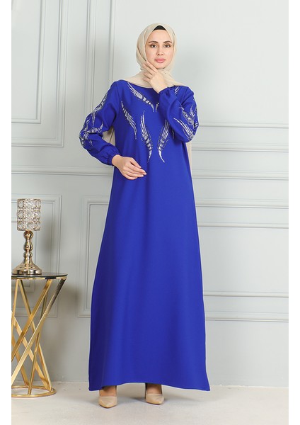 Kolu Lastikli Taşlı Abiye Elbise 0497-02 Saks