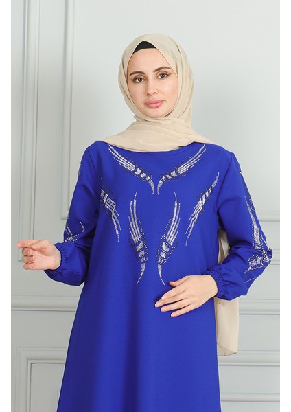 Kolu Lastikli Taşlı Abiye Elbise 0497-02 Saks