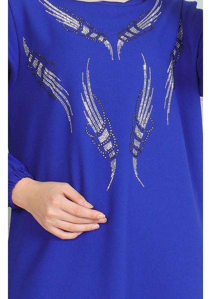 Kolu Lastikli Taşlı Abiye Elbise 0497-02 Saks