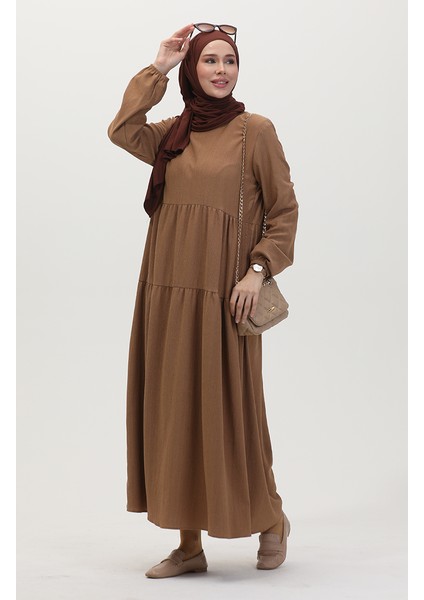 Bürümcük Kumaş Büzgülü Elbise 1048-04 Vizon