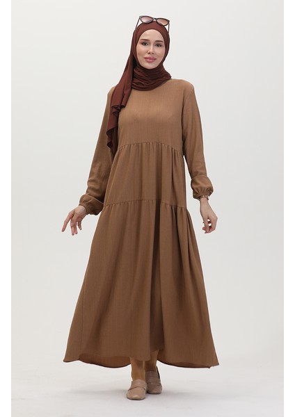 Bürümcük Kumaş Büzgülü Elbise 1048-04 Vizon