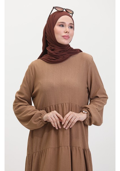 Bürümcük Kumaş Büzgülü Elbise 1048-04 Vizon