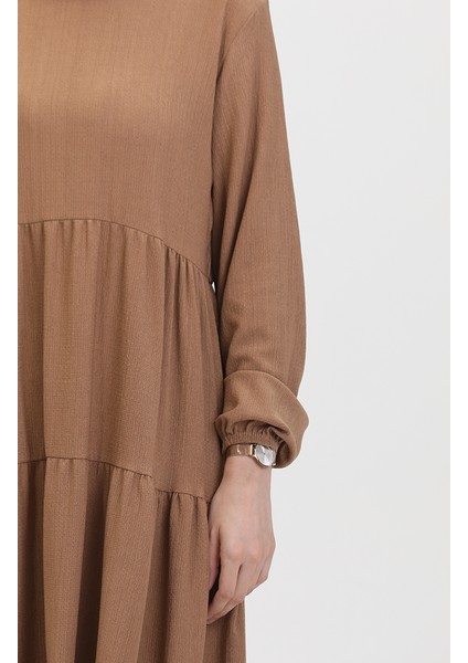 Bürümcük Kumaş Büzgülü Elbise 1048-04 Vizon