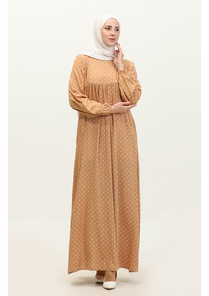 Puantiye Desenli Büzgülü Elbise 2028-01 Sütlü Kahve