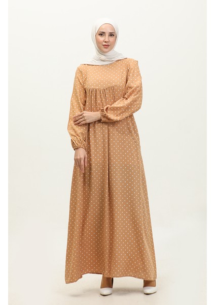 Puantiye Desenli Büzgülü Elbise 2028-01 Sütlü Kahve fiyatları