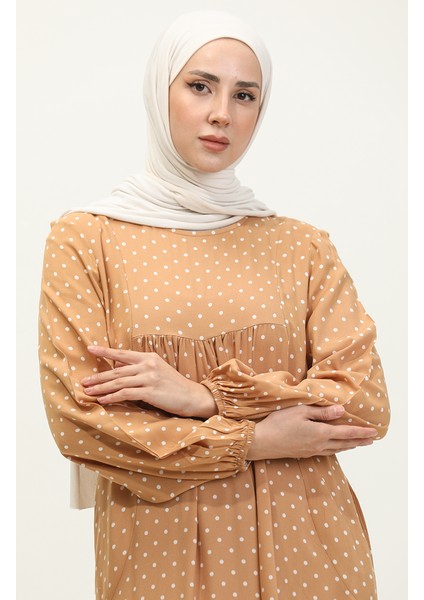 Puantiye Desenli Büzgülü Elbise 2028-01 Sütlü Kahve modelleri