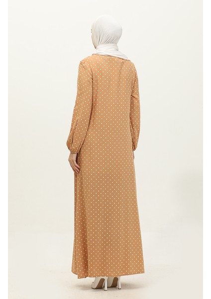 Puantiye Desenli Büzgülü Elbise 2028-01 Sütlü Kahve indirimleri